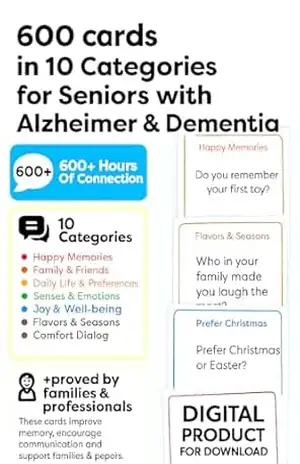 Capa do livro 600 Digital Conversation Cards – 10 categories to print at home or send to a printer. Perfect for family bonding, memory sharing, and supporting seniors with Alzheimer’s and dementia. - Léty B.